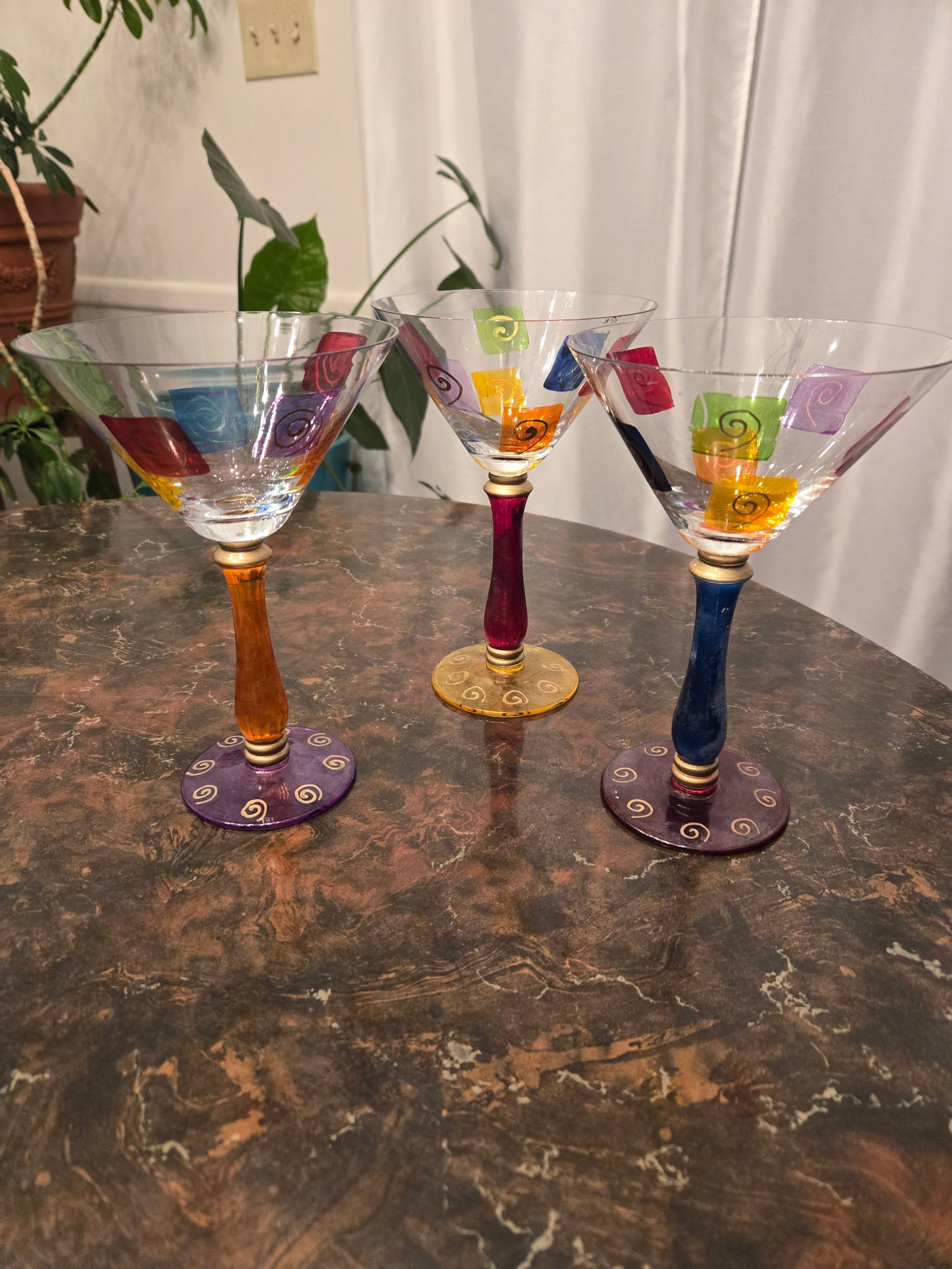 Royal Danube Set Of 3 Martini Glasses Abstract Art Glass Hand Painted