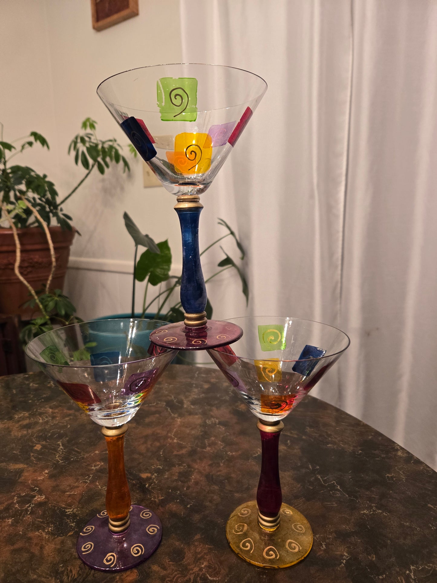 Royal Danube Set Of 3 Martini Glasses Abstract Art Glass Hand Painted