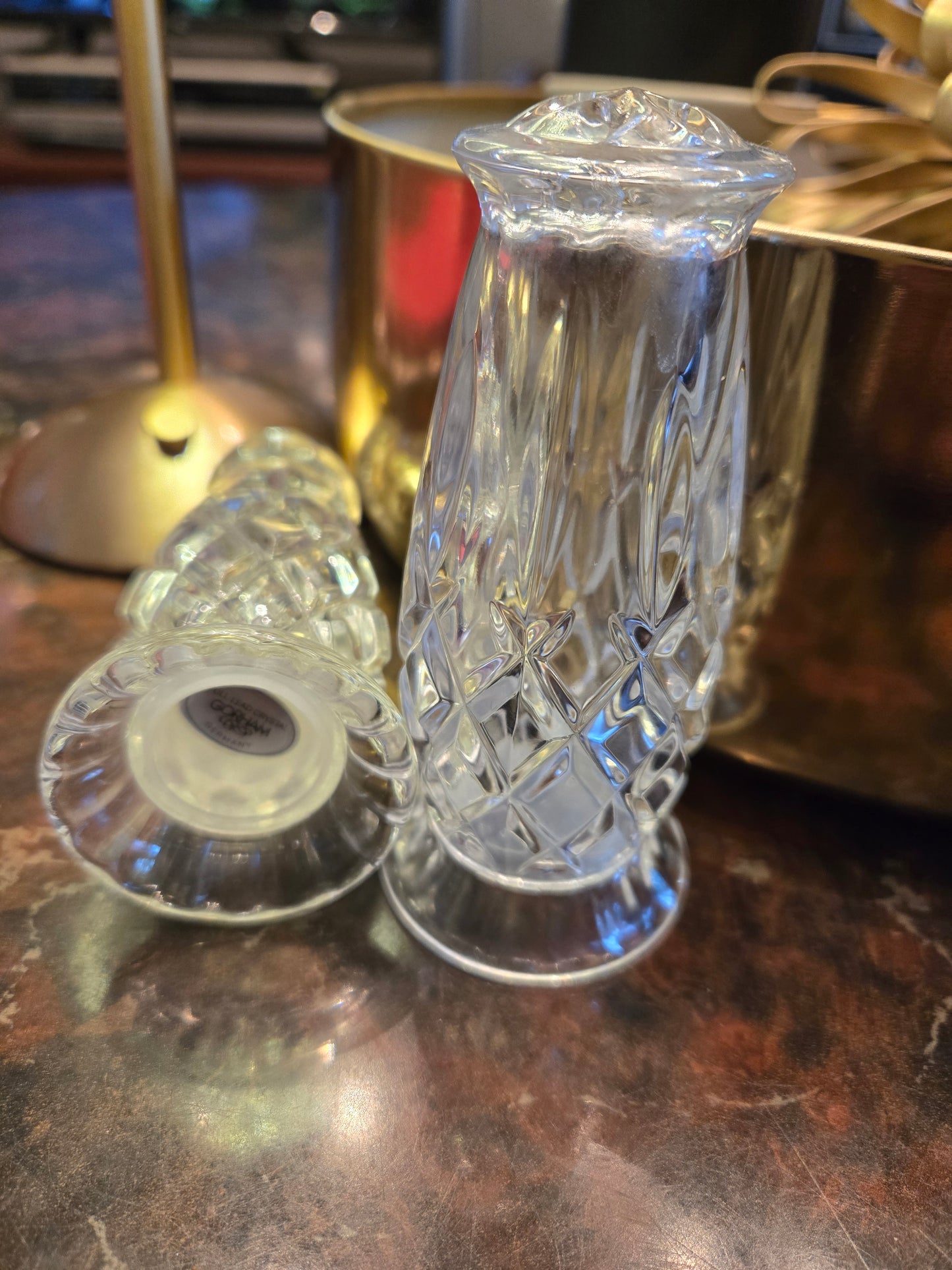 GORHAM KING EDWARD LEAD CRYSTAL DIAMOND CUT SALT AND PEPPER SHAKER SET