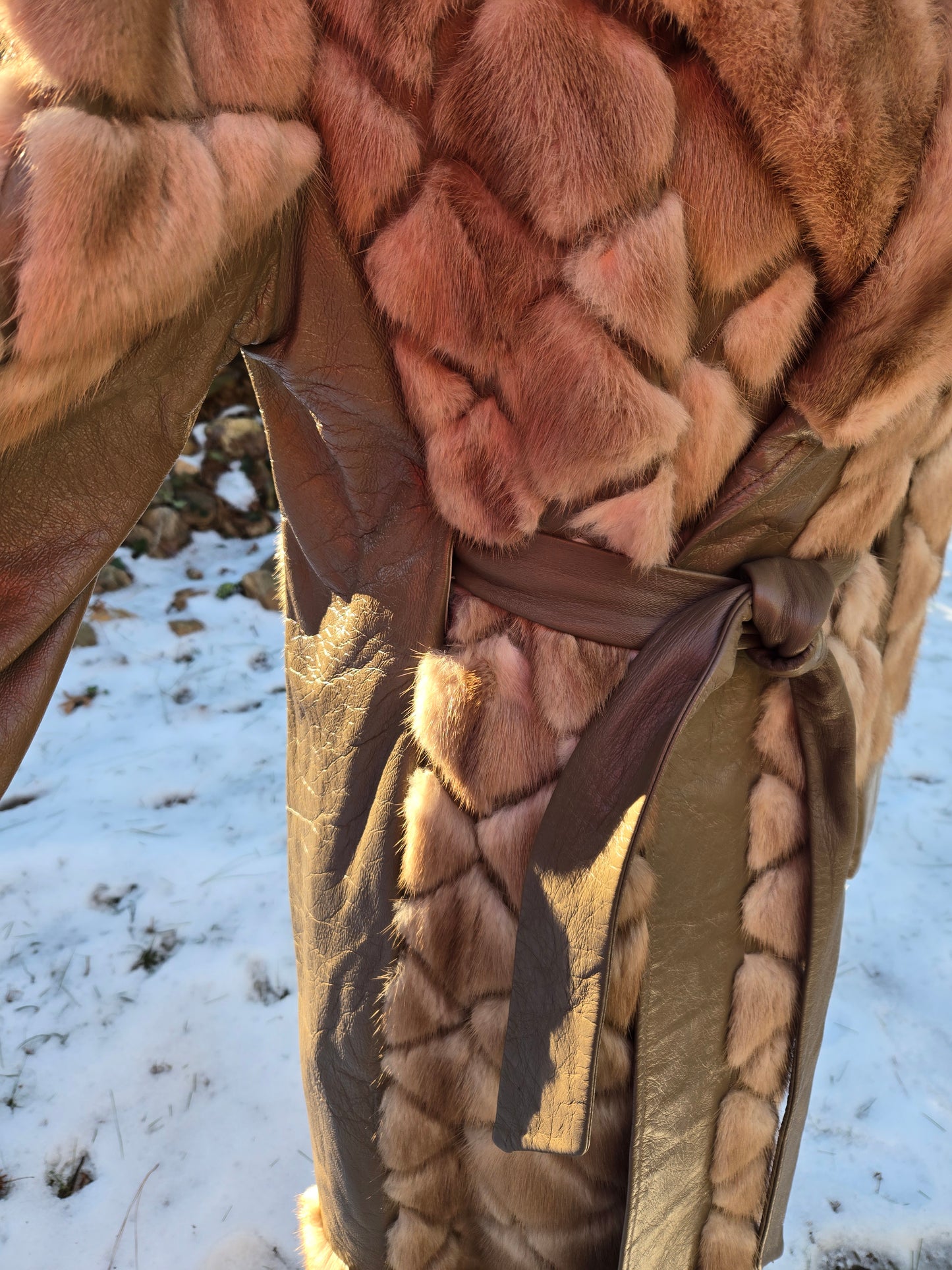 Scholls Furs of Tacoma Mink/Leather Tourmaline Diamond Cut Full Length Coat