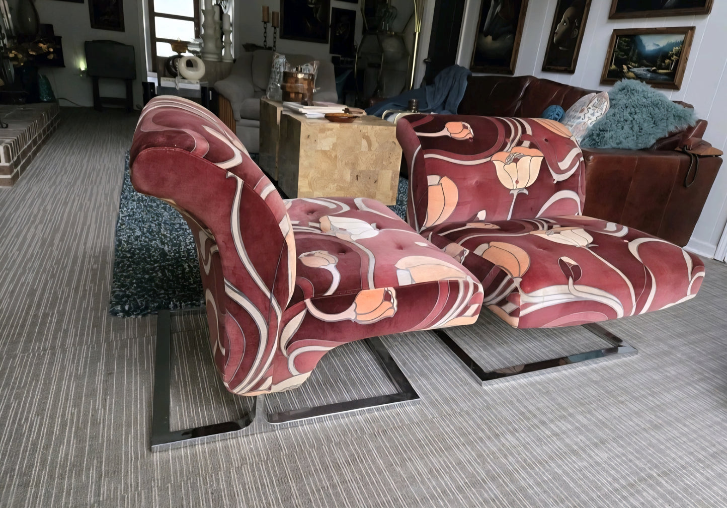 2 Mid-Century Chrome Cantilever Chairs Pierre Paulin/Adrian Pearsall Style