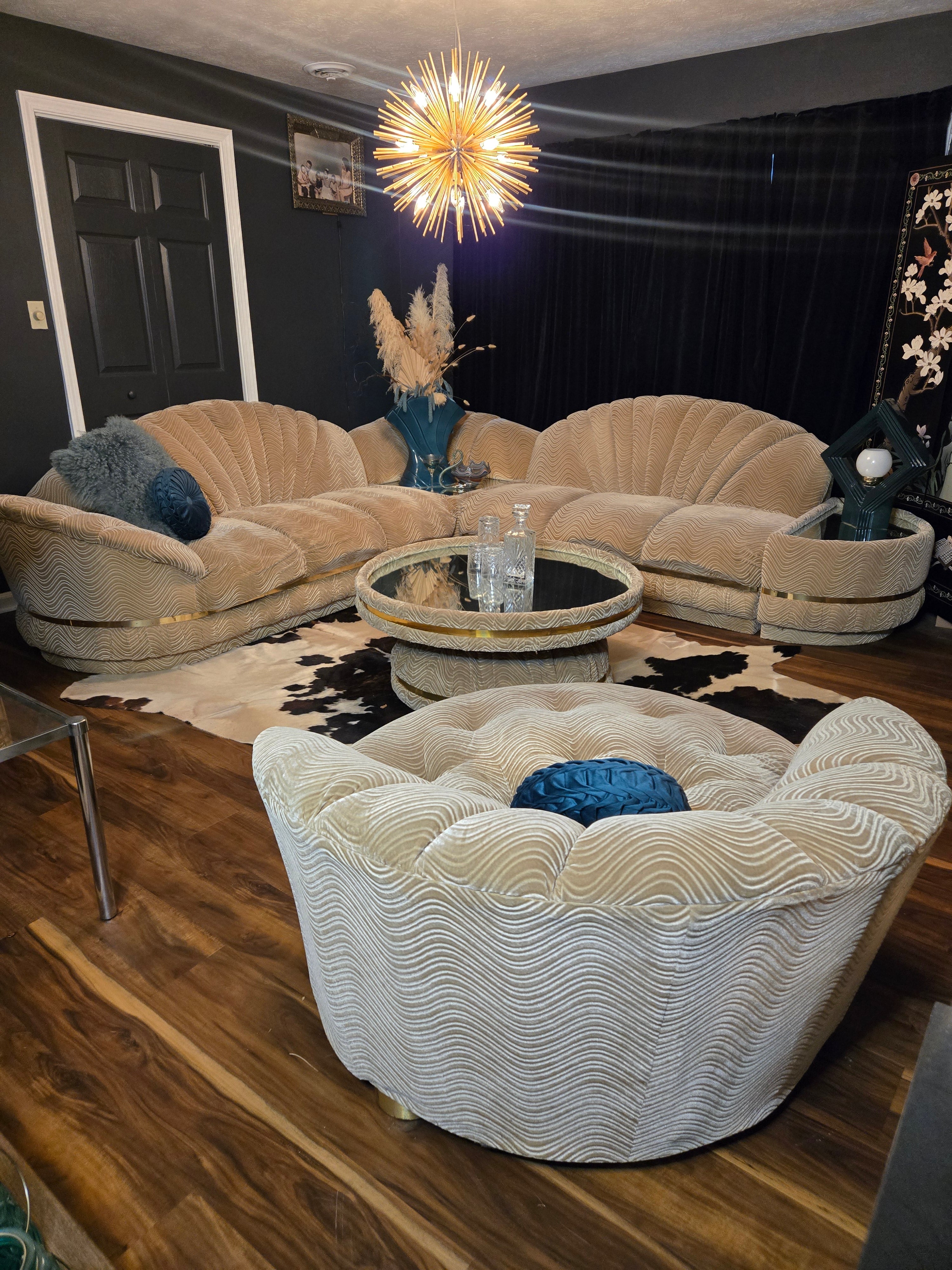 1980s Clamshell Sectional Sofa Set w/Chaise