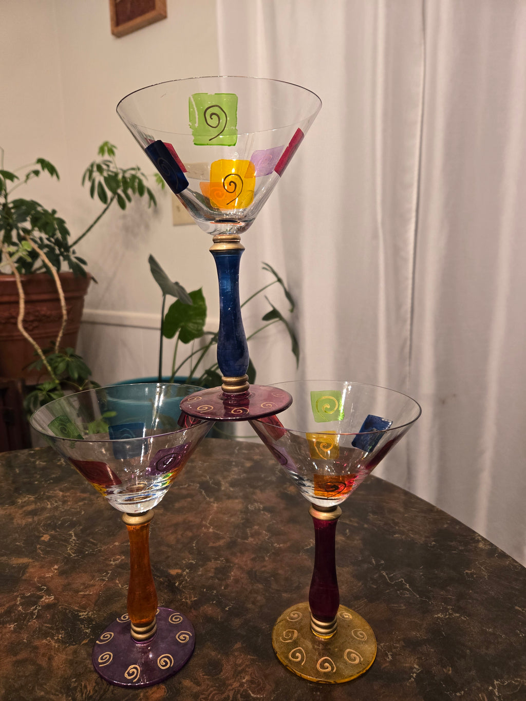 Royal Danube Set Of 3 Martini Glasses Abstract Art Glass Hand Painted