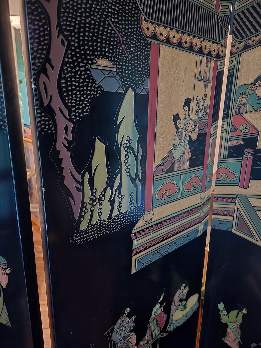 Asian Coromandel Black Lacquer Folding Screen
