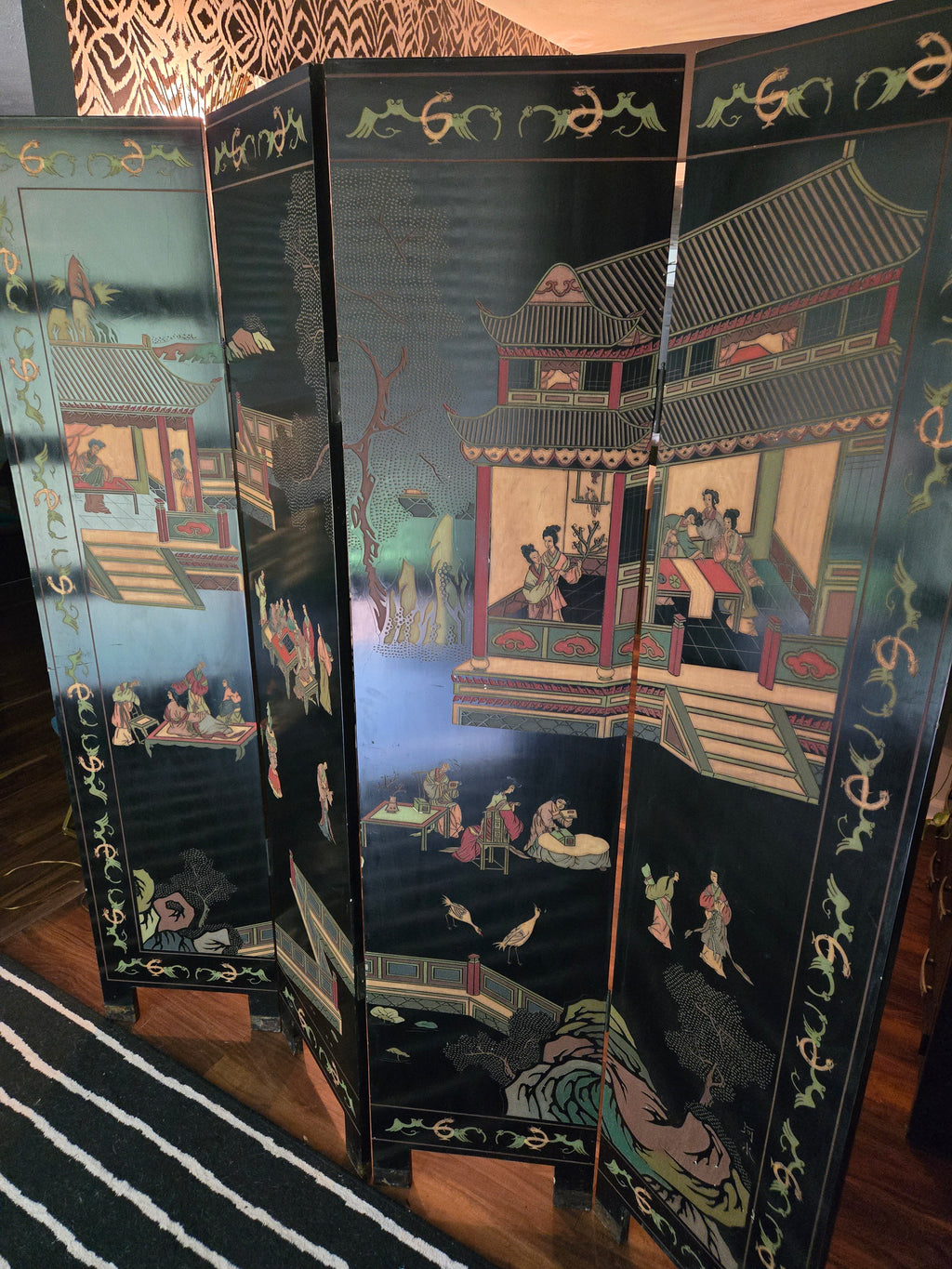 Asian Coromandel Black Lacquer Folding Screen