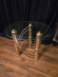 Vintage Brass Three Pillars Metal Twisted Round Glass Top Coffee/Side/End Table