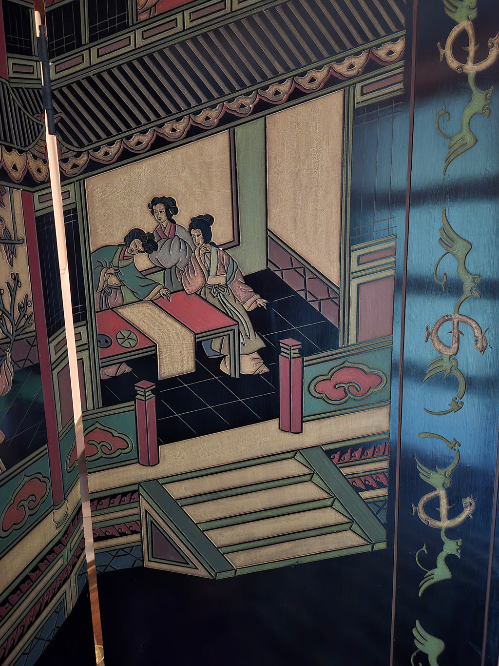 Asian Coromandel Black Lacquer Folding Screen