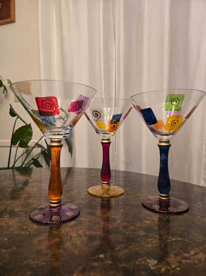 Royal Danube Set Of 3 Martini Glasses Abstract Art Glass Hand Painted