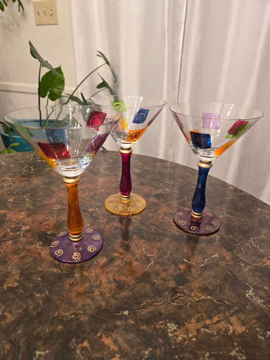 Royal Danube Set Of 3 Martini Glasses Abstract Art Glass Hand Painted