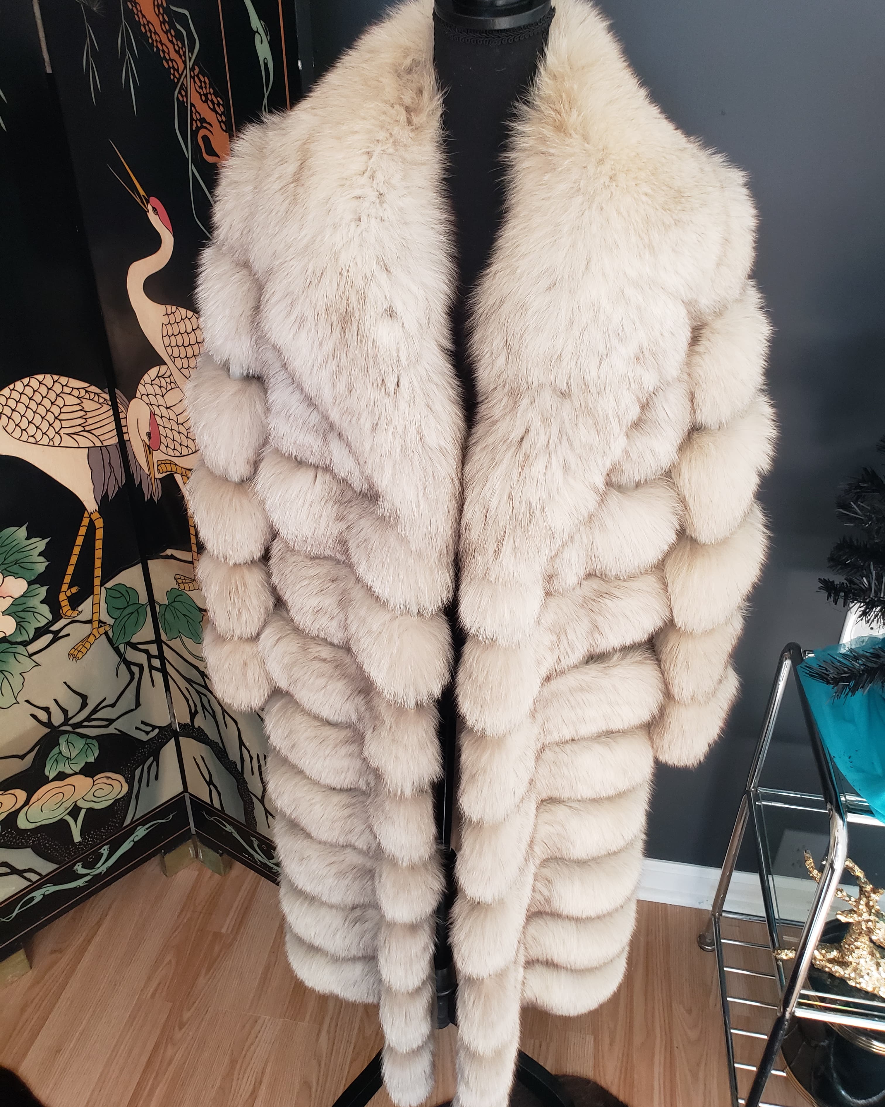 Evans Blue Fox Full Length Cable Coat with Tux Collar