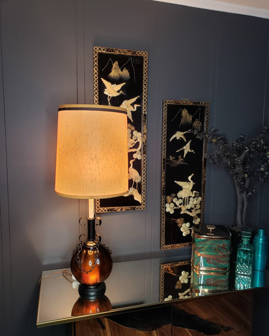 Hollywood Regency Amber Glass Lamp with Chain Accent